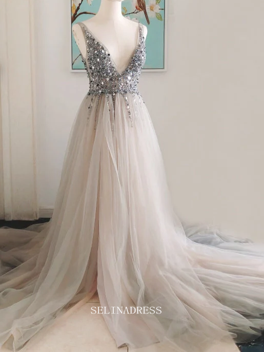 Chic A-line V neck Beaded Silver Long Prom Dresses Beaded Princess Bridesmaid Dresses Long Formal Dress OSTY051|Selinadress