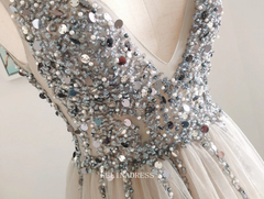 Chic A-line V neck Beaded Silver Long Prom Dresses Beaded Princess Bridesmaid Dresses Long Formal Dress OSTY051|Selinadress