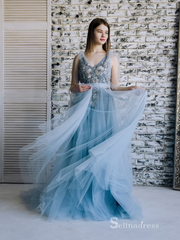 Chic A-line V neck Blue Long Prom Dress Embroidery Lace Long Evening Gowns MLH0469|Selinadress