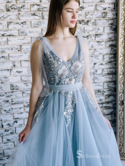 Chic A-line V neck Blue Long Prom Dress Embroidery Lace Long Evening Gowns MLH0469|Selinadress