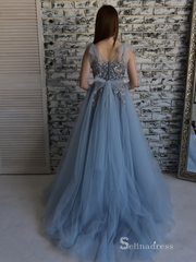 Chic A-line V neck Blue Long Prom Dress Embroidery Lace Long Evening Gowns MLH0469|Selinadress