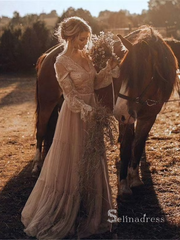 Chic A-line V neck Boho Wedding Dress With Long Sleeve Rustic Lace Bridal Gowns MLH0491|Selinadress