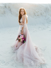 Chic A-line V neck Champagne Long Prom Dresses Embroidery Lace Evening Gowns MLH0469|Selinadress