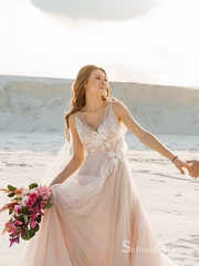 Chic A-line V neck Champagne Long Prom Dresses Embroidery Lace Evening Gowns MLH0469|Selinadress