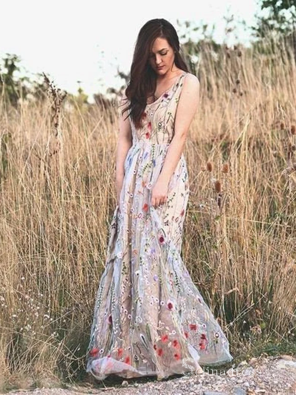 Chic A line V neck Embroidery Long Prom Dress Beautiful Boho Formal Gowns MLH0466