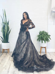 Chic A-line V neck Lace Long Sleeve Prom Dresses Black Applique Evening Dresses MLK04886|Selinadress