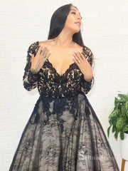 Chic A-line V neck Lace Long Sleeve Prom Dresses Black Applique Evening Dresses MLK04886|Selinadress