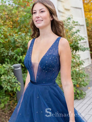 Chic A-line V neck Long Prom Dresses Navy Tulle Evening Dress CBD224|Selinadress