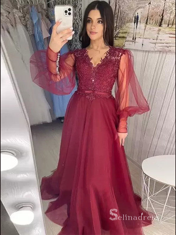 Chic A-line V neck Long Sleeve Burgundy Long Prom Dresses Cheap Evening Dresses MLH1223|Selinadress