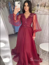 Chic A-line V neck Long Sleeve Burgundy Long Prom Dresses Cheap Evening Dresses MLH1223|Selinadress