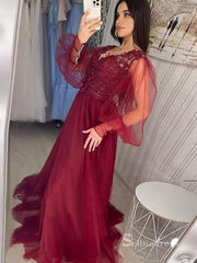 Chic A-line V neck Long Sleeve Burgundy Long Prom Dresses Cheap Evening Dresses MLH1223|Selinadress