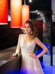 Chic A-line V neck Pink Lace Long Prom Dresses Beaded Evening Gowns MLH0470|Selinadress