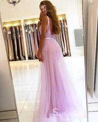 Chic A-line V neck Pink Lace Long Prom Dresses Sparkly Beaded Long Evening Gowns MLH024|Selinadress