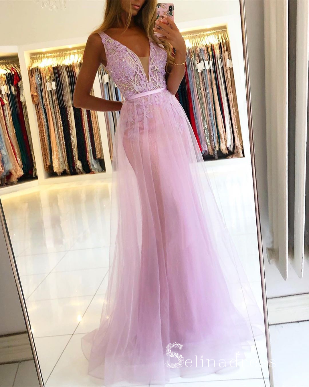 Chic A-line V neck Pink Lace Long Prom Dresses Sparkly Beaded Long Evening Gowns MLH024|Selinadress