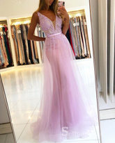 Chic A-line V neck Pink Lace Long Prom Dresses Sparkly Beaded Long Evening Gowns MLH024|Selinadress