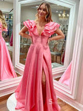 Chic A-line V neck Pink Long Prom Dresses Unique Cheap Evening Gowns MLK036|Selinadress