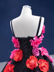 Chic Ball Gown luxury Princess Prom Dress With Hand Made Flower Black Long Evening Gowns MLSD003|Selinadress