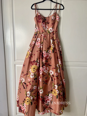 Chic Beautiful A-line Spaghetti Straps Long Prom Dresses Pink Flower Evening Dresses jkw234|Selinadress