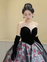 Chic Black Sweetheart Long Prom Dress Floral Ball Gown Elegant Evening Dress #QWE055|Selinadress