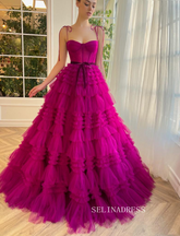 Chic Gorgeous Frill Layered Gown Long Prom Dresses A-line Spaghetti Straps Fuchsia Evening Dresses jkw233|Selinadress