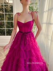 Chic Gorgeous Frill Layered Gown Long Prom Dresses A-line Spaghetti Straps Fuchsia Evening Dresses jkw233|Selinadress