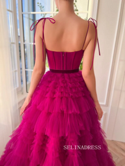 Chic Gorgeous Frill Layered Gown Long Prom Dresses A-line Spaghetti Straps Fuchsia Evening Dresses jkw233|Selinadress