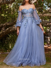 Chic Long Sleeve Prom Dresses Blue Sweetheart Evening Dresses Floral Applique Formal Dress POL024|Selinadress