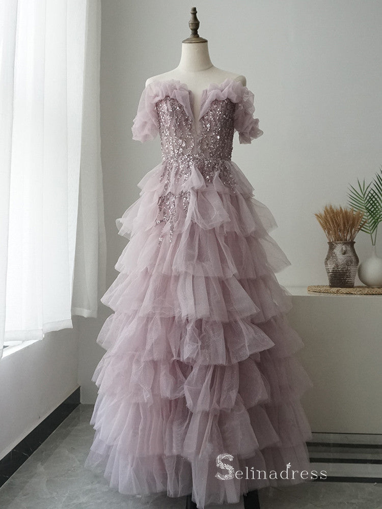 Chic Luxury A-line Long Prom Dresses Off-the-shoulder Beaded Evening Dresses MLH0481|Selinadress