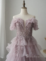 Chic Luxury A-line Long Prom Dresses Off-the-shoulder Beaded Evening Dresses MLH0481|Selinadress