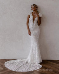 Chic Mermaid Deep V neck Applique Backless Unique Wedding Dress Bridal Gowns HKL0141|Selinadress