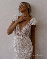 Chic Mermaid Deep V neck Applique Backless Unique Wedding Dress Bridal Gowns HKL0141|Selinadress