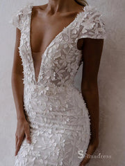 Chic Mermaid Deep V neck Applique Backless Unique Wedding Dress Bridal Gowns HKL0141|Selinadress