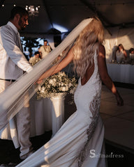 Chic Mermaid Deep V neck Backless Beaded Modest Wedding Dresses MLK0490|Selinadress