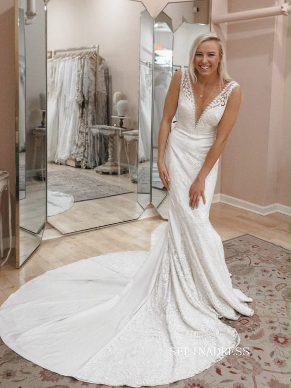 Chic Mermaid Deep V neck Boho Wedding Dress Rustic Backless Lace Wedding Gowns MLS047|Selinadress