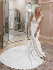Chic Mermaid Deep V neck Boho Wedding Dress Rustic Backless Lace Wedding Gowns MLS047|Selinadress
