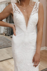 Chic Mermaid Deep V neck Boho Wedding Dress Rustic Backless Lace Wedding Gowns MLS047|Selinadress