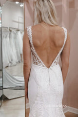 Chic Mermaid Deep V neck Boho Wedding Dress Rustic Backless Lace Wedding Gowns MLS047|Selinadress