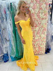 Chic Mermaid Off-the-shoulder Elegant Long Prom Dress Cheap Yellow Evening Dress #LOP214|Selinadress