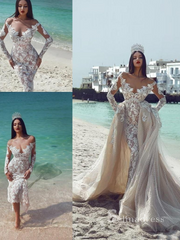 Chic Mermaid Off-the-shoulder Long Sleeve Rustic Beach Lace Detachable Train Wedding Dresses MLH0497|Selinadress