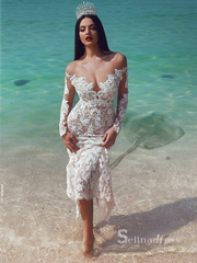 Chic Mermaid Off-the-shoulder Long Sleeve Rustic Beach Lace Detachable Train Wedding Dresses MLH0497|Selinadress