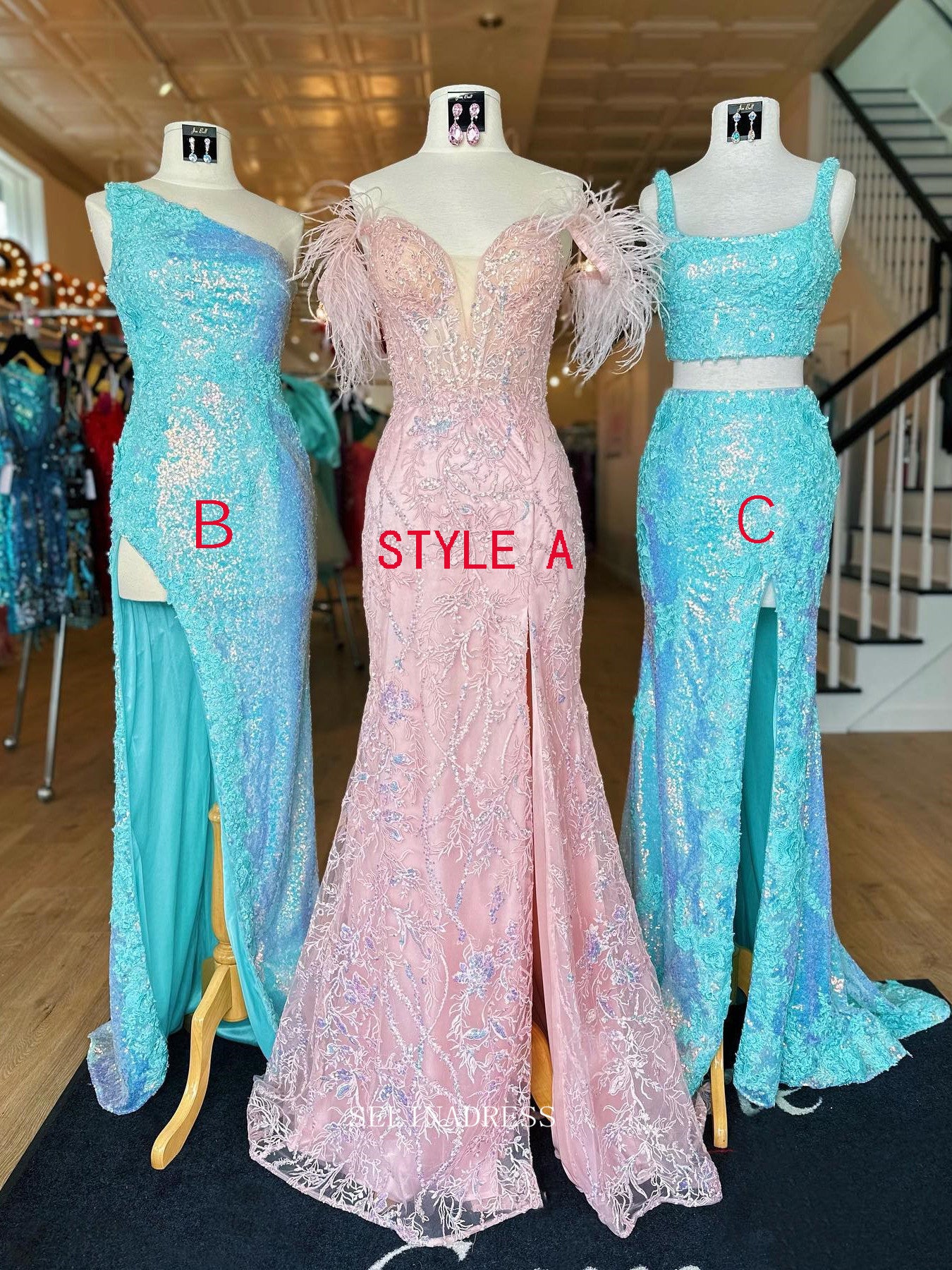 Chic Mermaid Off-the-shoulder Pink Lace Long Prom Dress Feather Elegant Evening Dress #lop247|Selinadress