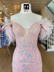 Chic Mermaid Off-the-shoulder Pink Lace Long Prom Dress Feather Elegant Evening Dress #lop247|Selinadress