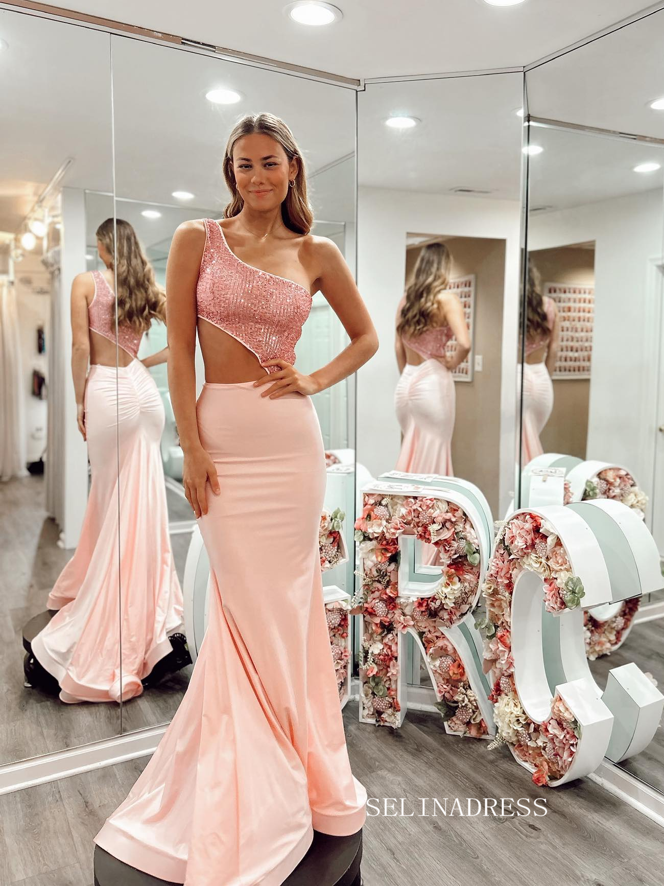 Chic Mermaid One Shoulder Beaded Long Prom Dresses Pearl Pink Formal Dress Evening Gown JKSS611|Selinadress