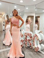 Chic Mermaid One Shoulder Beaded Long Prom Dresses Pearl Pink Formal Dress Evening Gown JKSS611|Selinadress