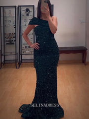 Chic Mermaid One Shoulder Elegant Long Prom Dress Sequins Formal Gown Evening Dress #LOP212|Selinadress