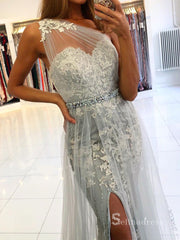 Chic Mermaid One Shoulder Gray Applique Long Prom Dresses Cheap Evening Dresses MLH1222|Selinadress