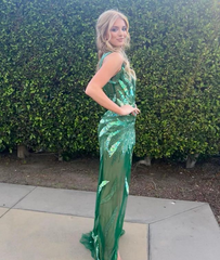 Chic Mermaid One Shoulder Green Long Prom Dresses Sparkly Evening Gowns MSK010|Selinadress