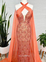 Chic Mermaid Orange Long Prom Dresses Beaded Evening Gowns Pageant Dress TKL062|Selinadress