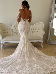 Chic Mermaid Scoop Long Sleeve Rustic Lace Wedding Dress Backless Bridal Gowns MLH0495|Selinadress