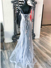 Chic Mermaid Spaghetti Straps Blue Long Prom Dresses Applique Evening Dress CBD532|Selinadress